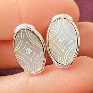 Vintage MONET Natural Rainbow Mother of Pearl Shell Clip Earrings w/Rhinestone